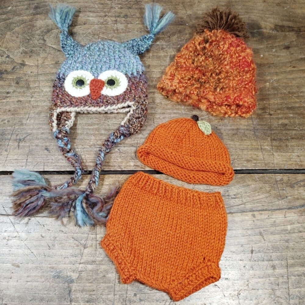 Baby Hand Knit Hat Handmade Crochet Cap Owl Pumpkin Fall Lot New